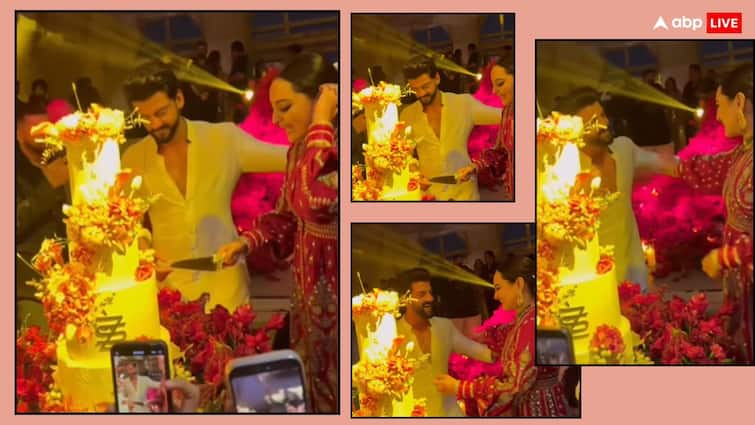 Sonakshi Sinha Zaheer Iqbal cut 4 tier cake in Wedding reception danced on Dabangg song Tere Mast Mast Do Nain 'तेरे मस्त मस्त दो नैन...' पर जमकर झूमे Sonakshi- Zaheer, न्यूली वेड कपल ने केक काटकर मनाया शादी का जश्न