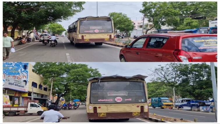 Tenkasi Flex banner in government bus causing danger Motorists are scared - TNN தென்காசி: அரசு பேருந்தில் ஆபத்தை ஏற்படுத்தும் பிளக்ஸ் பேனர்..! அச்சத்தில் வாகன ஓட்டிகள்..!