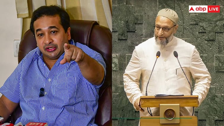 Maharashtra BJP Nitesh Rane on AIMIM Chief Asaddudin Owaisi Jai Palestine during swearing in Lok Sabha असदुद्दीन ओवैसी के 'जय फिलिस्तीन' नारा लगाने पर नितेश राणे का विवादित बयान, 'उनकी जुबान काटकर...'