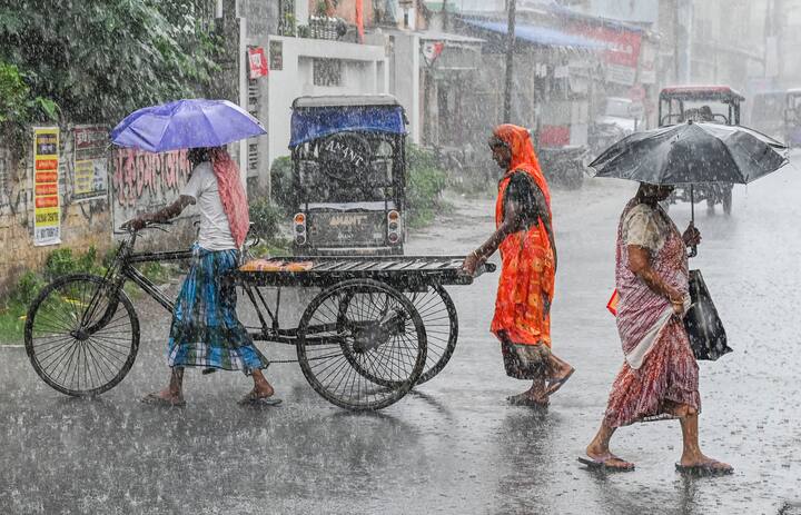 नादिया में गुरुवार, 27 जून, 2024 को बारिश के दौरान खुद को बचाने के लिए लोग छाते का इस्तेमाल करते हैं। (छवि स्रोत: पीटीआई)