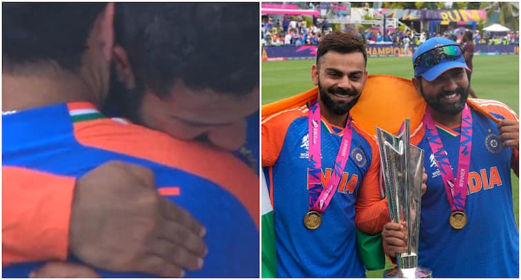 Rohit Sharma Virat Kohli cry hug each other viral video India win T20 World Cup 2024 Rohit Sharma And Virat Kohli, India's Finest Heroes, Cry In Each Other's Arms. WATCH