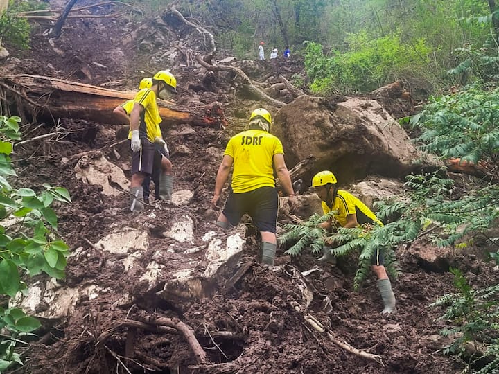 SDRF personnel during a rescue and search operation after a vehicle carrying passengers from Kotdwar to Pauri was hit by debris and fell off the road due to rains, in Kotdwar, Sunday, June 30, 2024. (Image source: PTI)