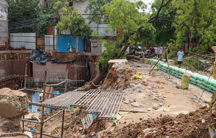 View of the site where a wall collapsed on Friday at a construction site, in the Vasant Vihar area amid heavy rains, in New Delhi, on Saturday, June 29, 2024. All three bodies have been recovered. (Image source: PTI)