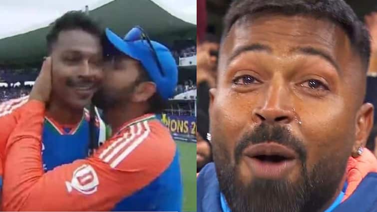 Rohit Sharma kisses Hardik Pandya in tears Ind Vs SA T20 World Cup final match win Hardik Pandya: त्या एका गोष्टीमुळे व्हिलन ठरेलला हार्दिक पांड्या अखेरच्या षटकात हिरो ठरला, भरमैदानात रोहित शर्माने कुंफू पांड्याचा गालगुच्चा घेतला