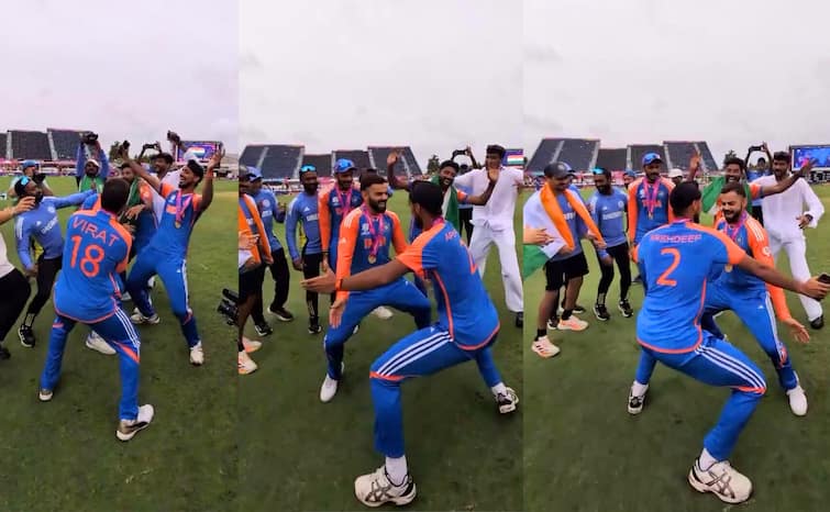 T20 World Cup 2024 Final IND vs SA Arshdeep Singh and virat Kohli Dance Bhangra on the Daler Mehndi song Tunak Tunak Tun Watch: T20 World Cup  फाइनल में जीत के जमकर नाचे कोहली-अर्शदीप, मैदान पर किया भांगड़ा