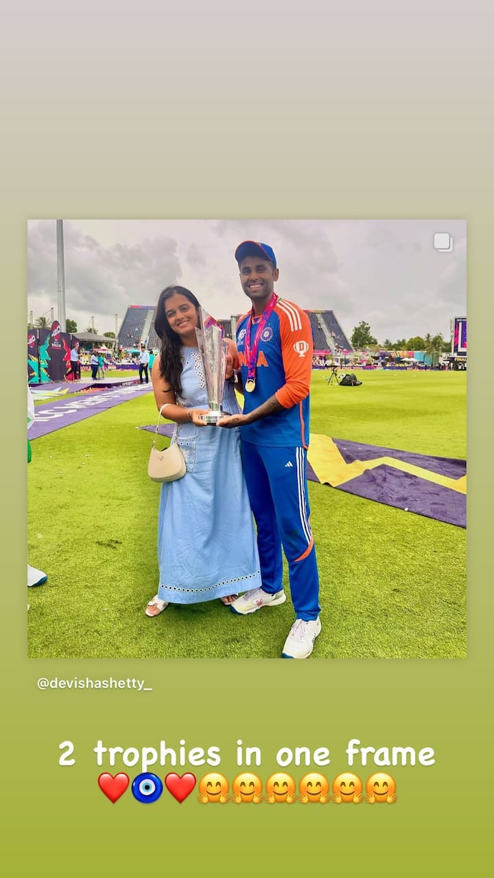 दरम्यान, भारताने ट्रॉफी जिंकल्यानंतर सूर्यकुमार यादवने एक फोटो इन्स्टाग्रामवर एक फोटो पोस्ट केला आहे. या फोटोमध्ये धडाडीचा फलंदाज सूर्यकुमार यादव आपल्या पत्नीसोबत दिसतोय.
