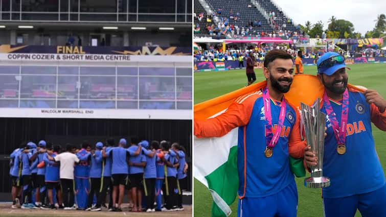 Team India Final Team Huddle In Barbados Stadium T20 World Cup 2024 Final Pictures Rohit Sharma-Led India's Final Team Huddle In Empty Barbados Stadium After T20 World Cup Victory. SEE PICS