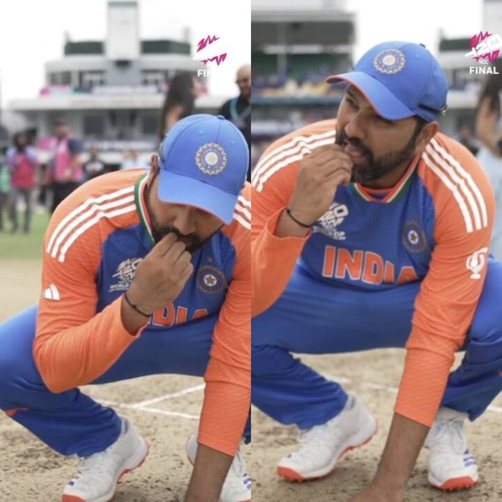 रोहितने बार्बाडोसच्या मैदानावरील माती चाखून मैदानाला आदरांजली दिली.(Image Source : ICC)