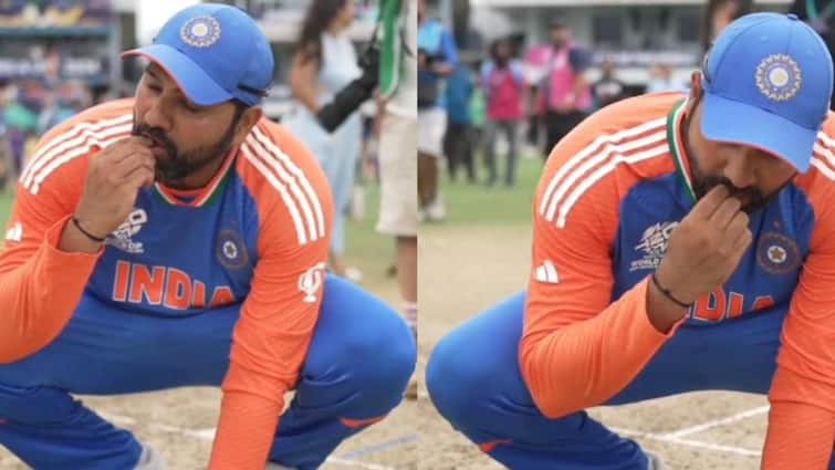 Rohit sharma ate pitch soil after team india champion t20 world cup 2024 final IND vs SA barbados Team India Champion: पिच की मिट्टी खाई और गाड़ दिया तिरंगा, रोहित का यह अंदाज रुला देगा, देखें वीडियो