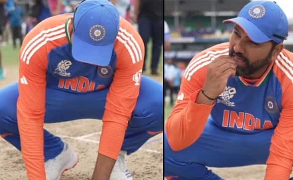 Rohit Sharma eats soil of Barbados pitch after T20 World Cup 2024 triumph રોહિત શર્માએ ચાખ્યો જીતનો સ્વાદ, વર્લ્ડકપ વિજેતા બન્યા બાદ બાર્બાડોસના મેદાનની માટી ઉઠાવીને ખાધી