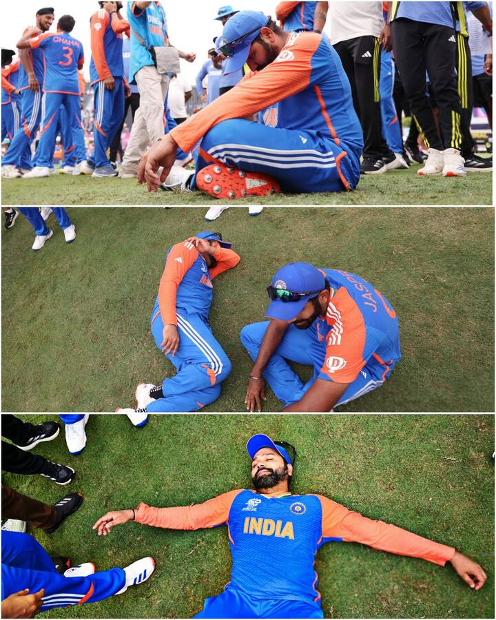 सामना जिंकल्यानंतर रोहित मैदानात झोपला. यावेळी जसप्रीत बुमराह देखील त्याच्या बाजूला बसला होता.