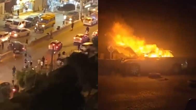 Israeli car enters West Bank near Jerusalem and Ramallah Palestinian mob burns Watch: गलती से वेस्ट बैंक में घुसी इजरायली कार, भीड़ ने आग लगा फूंक दी, बाल-बाल बचा ड्राइवर