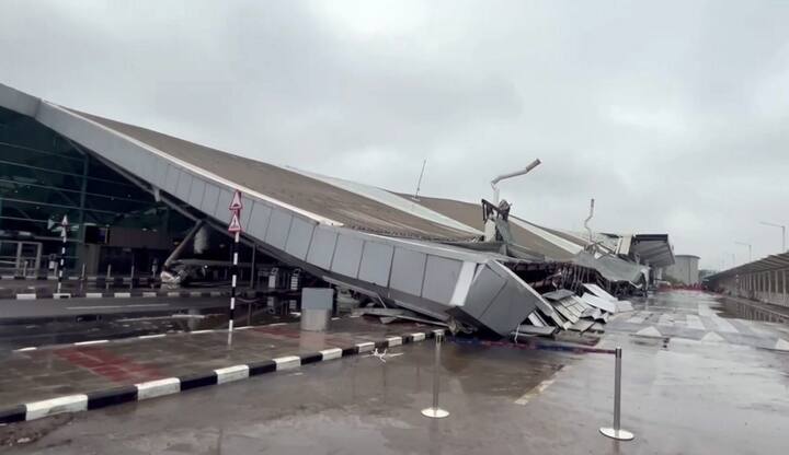 Roof of the Delhi airport's Terminal-1 collapsed amid heavy rain, early Friday, June 28, 2024. One person died and five were injured in the collapse. (Image source: PTI)