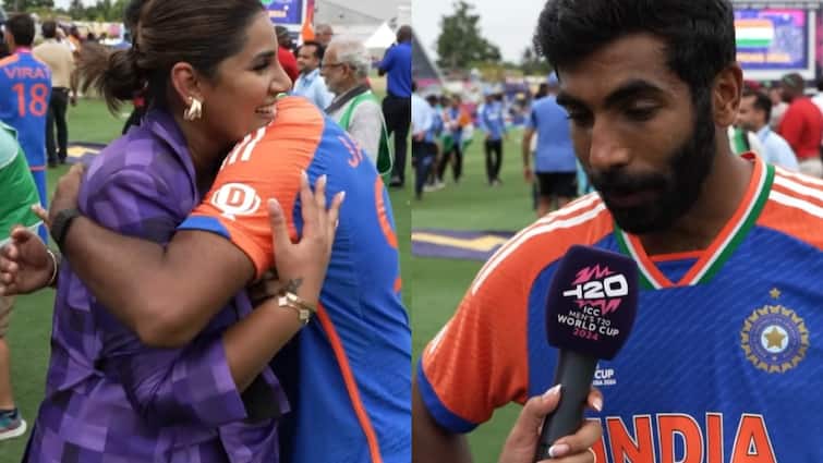 Jasprit Bumrah hugged female anchor in TV interview after wining T20 World Cup Final 2024 Watch video India vs South Africa Watch: जीत के बाद खुशी का ठिकाना नहीं, टीवी इंटरव्यू में जसप्रीत बुमराह ने फीमेल एंकर को लगाया गले; वीडियो वायरल