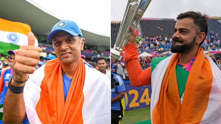 Rahul Dravid Message To Virat Kohli WTC T20 World Cup Video ‘Three White Ticked Off, One Red To Go’: Virat Kohli Receives Encouraging Message From Rahul Dravid Post T20 World Cup Win- WATCH