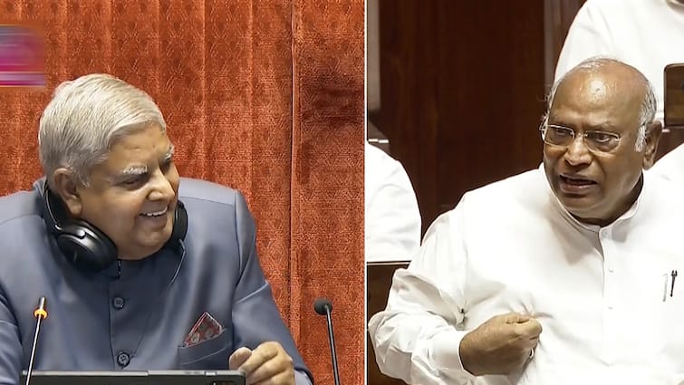 Rajya Sabha LoP Mallikarjun Kharge Chairman Jagdeep Dhankhar Share Laughs During Session 'We Have To Ensure You Are Comfortable': Rajya Sabha LoP Kharge, Chairman Dhankhar Share Laughs During Session