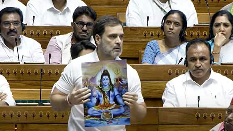 Parliament Session Lok Sabha Rahul Gandhi Congress PM Modi BJP Lord Shiva's Image In Hand, Rahul Gandhi Launches All-Out Attack On PM Modi In LS