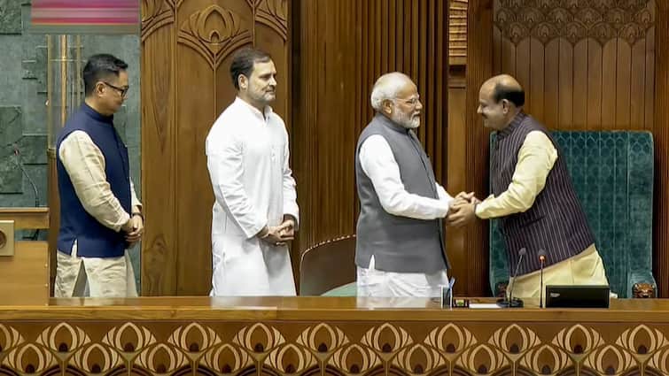 Rahul Gandhi speaker Om Birla narendra modi lok sabha parliament 'You Bowed Down While Shaking Hands With PM Modi': Rahul Gandhi Attacks Om Birla, Speaker Responds