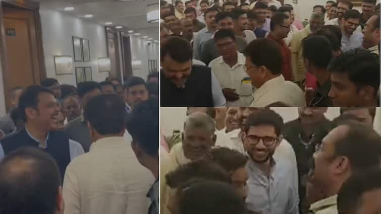 devendra fadnavis and aaditya thackeray meets at Vidhan Sabha monsoon session 2024 Vidhansabha Monsoon Session: विधानभवनाच्या लॉबीत देवेंद्र फडणवीस-आदित्य ठाकरेंची भेट, हसतखेळत संवाद, राजकीय वर्तुळाच्या भुवया उंचावल्या