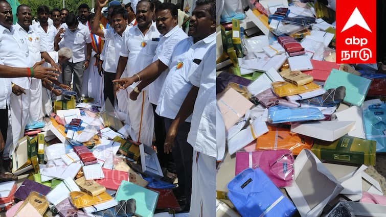 Vikravandi By Election DMK member house dhotis sarees  pmk protested by blocking the road - TNN வாக்காளர்களுக்கு கொடுக்க ரெடியா இருந்த வேட்டி, சேலைகள்.. கண்டுபிடித்த பாமக - விக்கிரவாண்டியில் பரபரப்பு