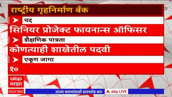 Job Majha : राष्ट्रीय गृहनिर्माण बँक येथे विविध पदांसाठी भरती : 3 July 2024 : ABP Majha