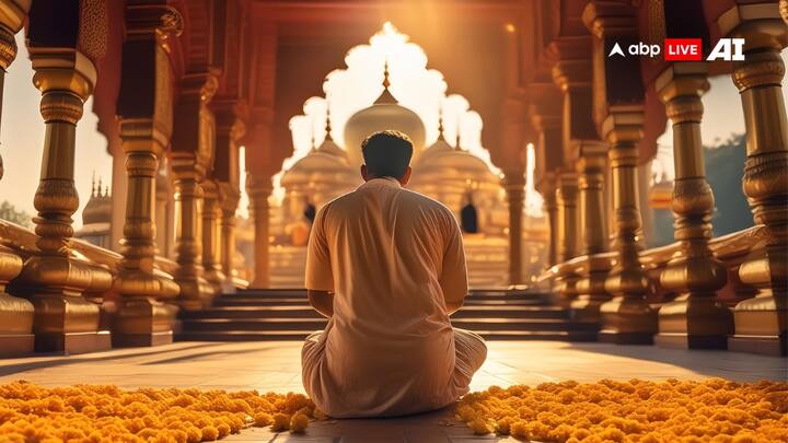 The Act of Bowing: A Gesture of Humility- For a devotee, bowing before the temple’s first step is not just an act of physical humility but a profound spiritual practice that aims to eliminate ego from the mind. It is a reminder to put aside all earthly pretences and individualism when one is in the presence of the supreme soul. This simple sign and gesture of surrendering to the higher power sets the tone for the worshiper's journey within the sacred space. (Image Source: ABP Live AI)