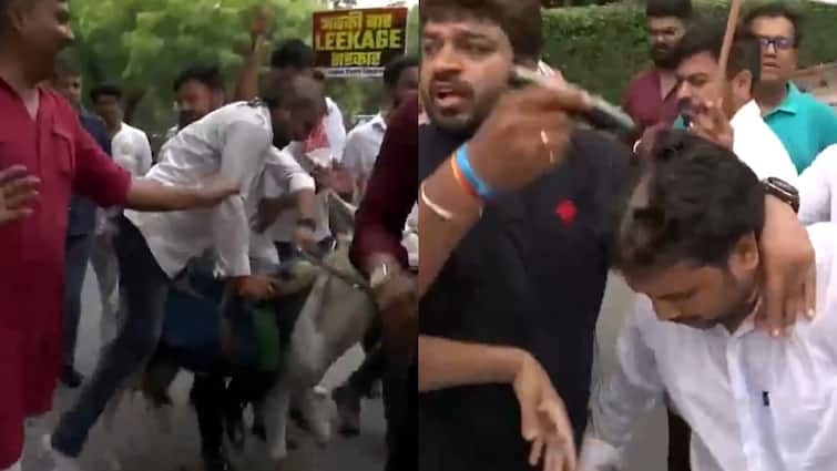 Youth Congress hold protests over NEET paper leak issue in delhi shaved head riding donkey NEET Paper Leak Case: पहले सिर मुंडवाया फिर गधे पर बैठे, NEET के विरोध में यूथ कांग्रेस का प्रदर्शन