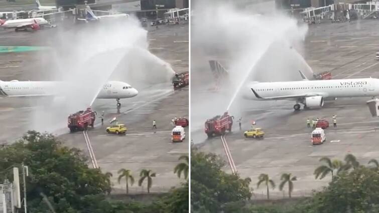 Water Canon Salute To Team India's Flight At Mumbai Airport Ahead Of Victory Parade Water Cannon Salute To Team India's Flight At Mumbai Airport Ahead Of Victory Parade — WATCH