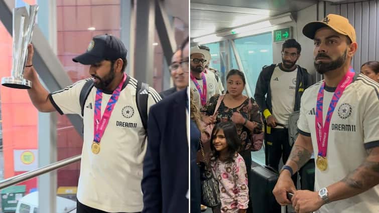 Watch Team india lands at delhi airport with t20 world cup trophy Video goes viral Rohit sharma Virat kohli Rohit Sharma's T20 World Cup-Winning Team India Lands At Delhi Airport- WATCH