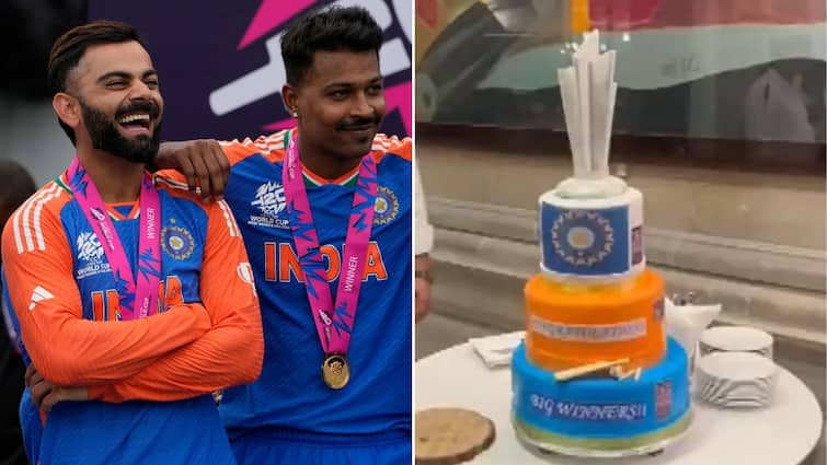 Team India ITC Maurya Hotel T20 Trophy Cake Rohit Sharma Virat Kohli Delhi Arrival ITC Maurya Hotel Crafts Special 'T20 World Cup Trophy' Cake For Team India- WATCH