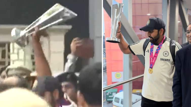 Team Indian Captain Rohit Sharma showing T20 World Cup trophy to Indian fans outside Delhi Delhi airport million dollar moment Team India: अखेर जे बघण्यासाठी डोळे आसुसले होते तो क्षण आला... रोहित शर्माने एअरपोर्टवर उतरताच वर्ल्डकप उंचावला