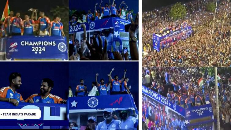 Team India Victory Parade Kohli  Rohit lift World Cup to rousing ovation as team marches towards Wankhede Team India Victory Parade: జగజ్జేతలకు జేజేలు,  టీమిండియా ఆటగాళ్లకు బ్రహ్మరథం