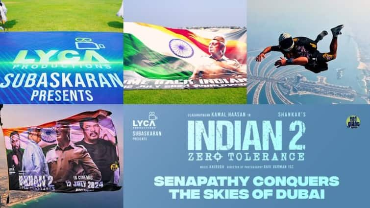 Kamal haasan indian 2 banner fly in dubai sky for promotions by shankar Indian 2 : ப்ரோமோஷன் பத்தலையே என்ற நெட்டிசன்கள்... ஆகாயத்தில் இந்தியன் 2 போஸ்டரை பறக்கவிட்ட ஷங்கர்