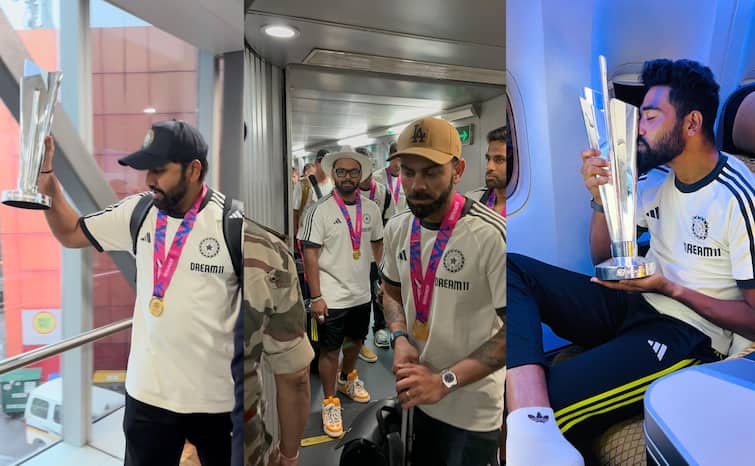 Team India Welcome in India Live Updates Fans rousing welcome to the Indian cricket team at Delhi airport Team India Welcome: T20 World Cup 2024 जीतकर लौटी टीम इंडिया, एयरपोर्ट पर फैंस ने किया जोरदार स्वागत