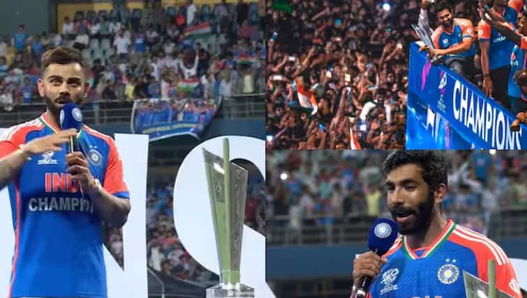 team india victory parade highlights virat kohli rohit sharma gave emotional speech celebrations at wankhede stadium  Team India: વાનખેડેમાં ટીમ ઈન્ડિયાનું જશ્ન,કોહલી-રોહિતની ઈમોશનલ સ્પીચ, જાણો વિક્ટ્રી પરેડમાં શું-શું થયું?