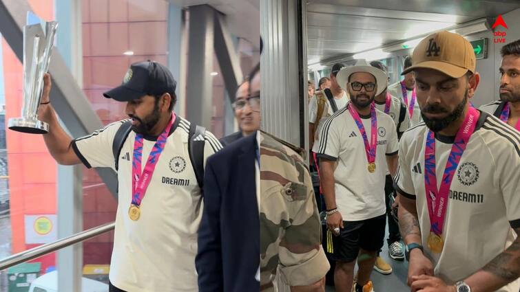 Indian Cricket Team touchdown NEW Delhi airport Rohit Sharma Virat Kohli spotted with T20 World Cup 2024 trophy Indian Cricket Team: দুর্যোগ কাটিয়ে বিশ্বজয়ের চার দিন পর অবশেষে দেশে ফিরল ভারতীয় দল