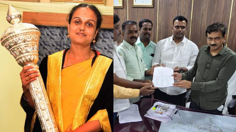 Kanchipuram DMK Mayor Mahalakshmi Yuvraj is reportedly working to reconcile disgruntled councillors tnn காஞ்சிபுரம் மேயருக்கு கடைசி வாய்ப்பு? தொடரும் எதிர்ப்பு,  காய் நகர்த்தும் கவுன்சிலர்கள் - நடப்பது என்ன?