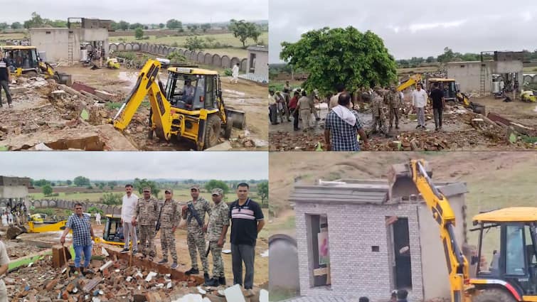 bulldozer action on houses of 3 criminals in deeg Mewat by Anti virus operation ann ऑपरेशन एंटी वायरस के तहत डीग पुलिस का फिर चला बुलडोजर, 3 साइबर ठगों के मकान हुए ध्वस्त