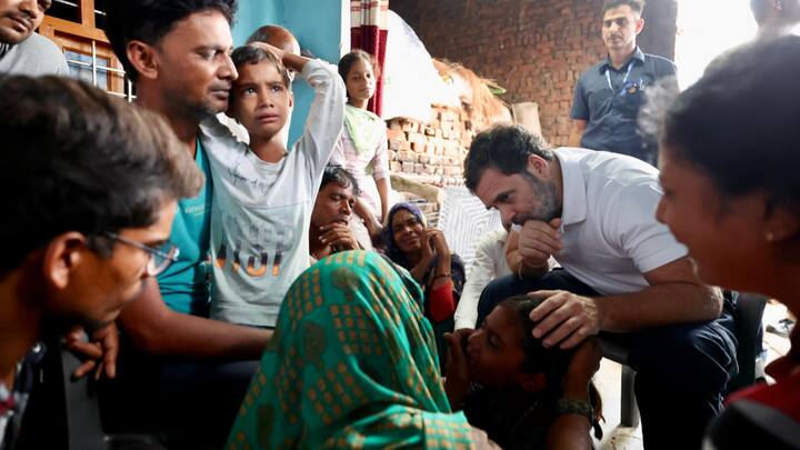 Rahul Gandhi spoke to family members of the Hathras stampede victims. On July 2, around 2.5 lakh people gathered for a ‘satsang’ by Bhole Baba even though only 80,000 were permitted. (X/ANI)