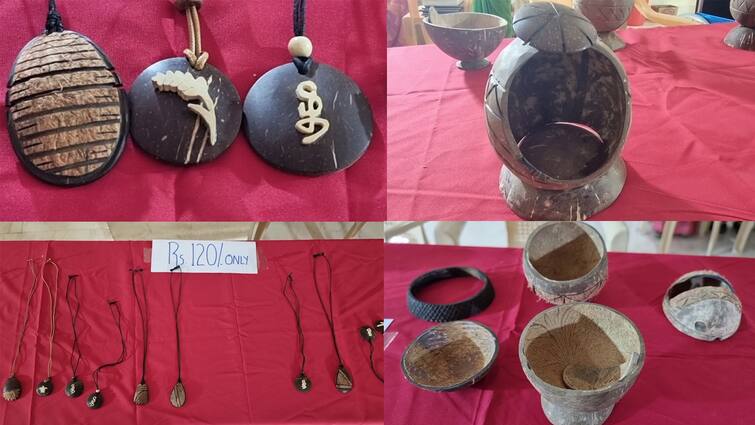 Theni news Startup selling coconut shell handicrafts made by disabled people TNN மாற்றுத்திறனாளிகளால் தயாரிக்கப்பட்ட தேங்காய் ஓட்டிலிருந்து கைவினைப் பொருட்கள் விற்பனை துவக்கம்