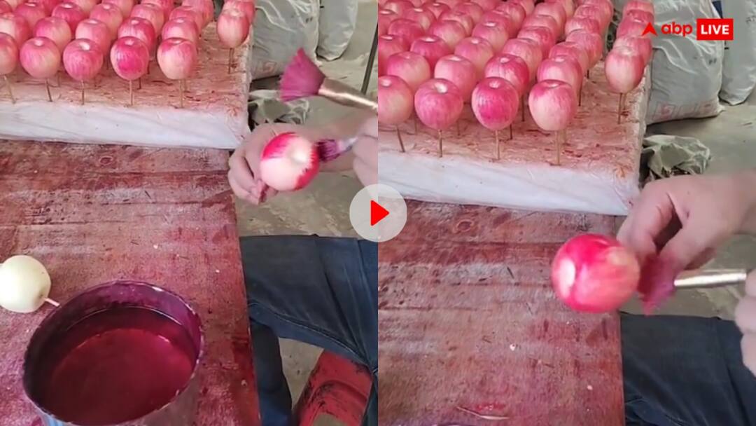 Man painted the apple red to make it look sweet and red video goes viral Video: अब फल भी सुरक्षित नहीं, सेबों को रंग करता दिखा शख्स तो भड़के यूजर्स, कहा जेल में डालो
