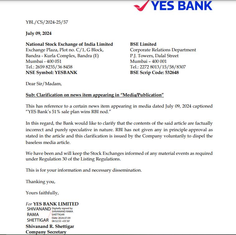 Yes Bank: यस बैंक ने हिस्सा बेचने को आरबीआई की मंजूरी मिलने की खबर का किया खंडन, शेयर इतना चढ़ गया