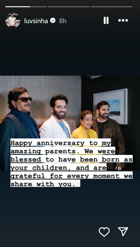 Luv Sinha Excludes Sister Sonakshi Sinha From Parents’ Anniversary Post: 'Grateful For Every Moment We Share With You