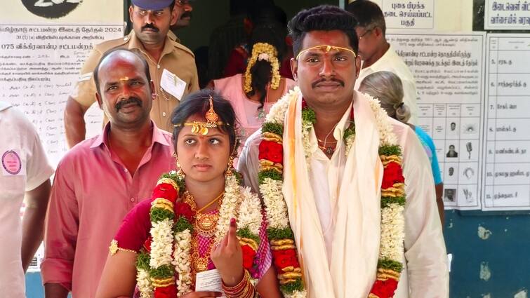 Vikravandi By-Election bride voted with her hand after the wedding - TNN திருமணம் முடிந்த கையோடு வாக்களித்த மணப்பெண் - விக்கிரவாண்டி இடைத்தேர்தலில் சுவாரஸ்யம்