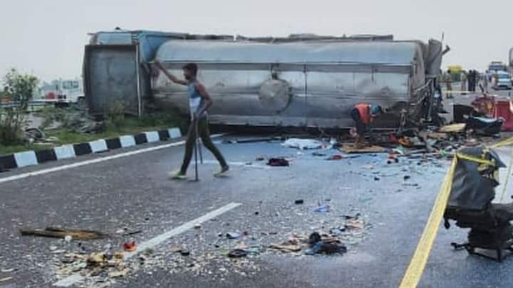 Due to the impact of the collision, both the bus and milk tanker overturned. Drivers of both vehicles were among the dead. (Photo: PTI)