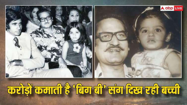 raveena tandon seen with father ravi tandon and amitabh bachchan in childhood photo know actress net worth 200 करोड़ की मालकिन है अमिताभ संग दिख रही यह बच्ची, 90 के दशक में बॉलीवुड पर किया एकतरफा राज, पहचाना?