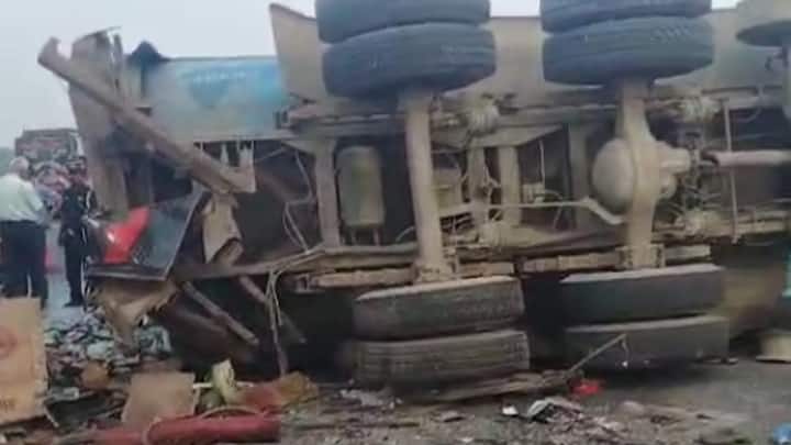 The overturned double-decker bus after the collision, which took place around 5 am near Jojikot village in Behta Mujhawar police station area. (Photo: PTI)