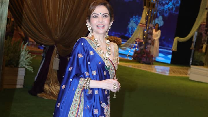 Nita Ambani made her media appearance in a picture-perfect green and blue lehenga saree. Check out her full look.