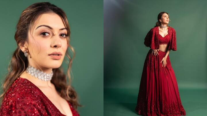 Hansika Motwani Photos : மரூன் நிற லெஹங்கா அணிந்த க்யூட் நடிகை ஹன்சிகா, போட்டோஷூட் நடத்தியுள்ளார்.