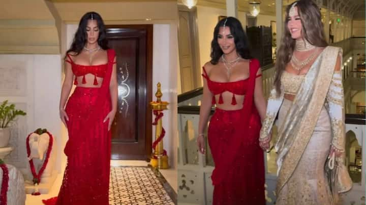 Kim Kardashian Pics:अनंत अंबानी और राधिका मर्चेंट  की शादी में शामिल होने के लिए देश-विदेश से मेहमान इंडिया पहुंचे हैं. इसमें किम कार्दशियन का भी नाम शामिल है. जो कपल की शादी में देसी लुक में दिखी.